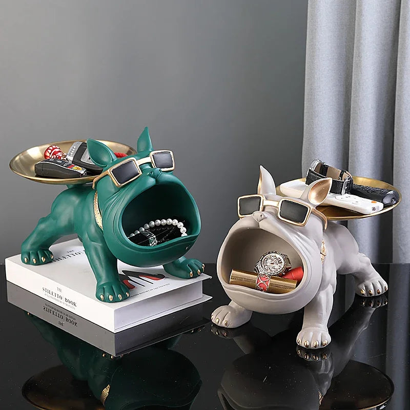 Escultura Decorativa de Bulldog com Caixa de Armazenamento - Ornamento em Resina