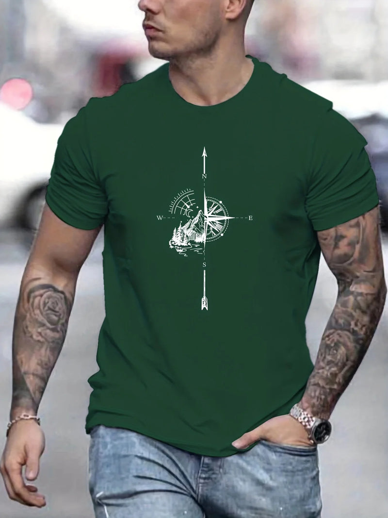 Camiseta Masculina de Algodão com Estampa de Montanha e Bússola