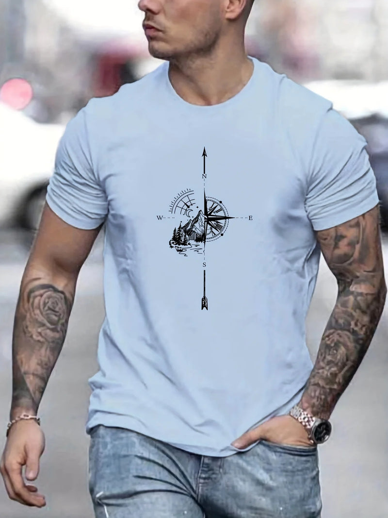 Camiseta Masculina de Algodão com Estampa de Montanha e Bússola